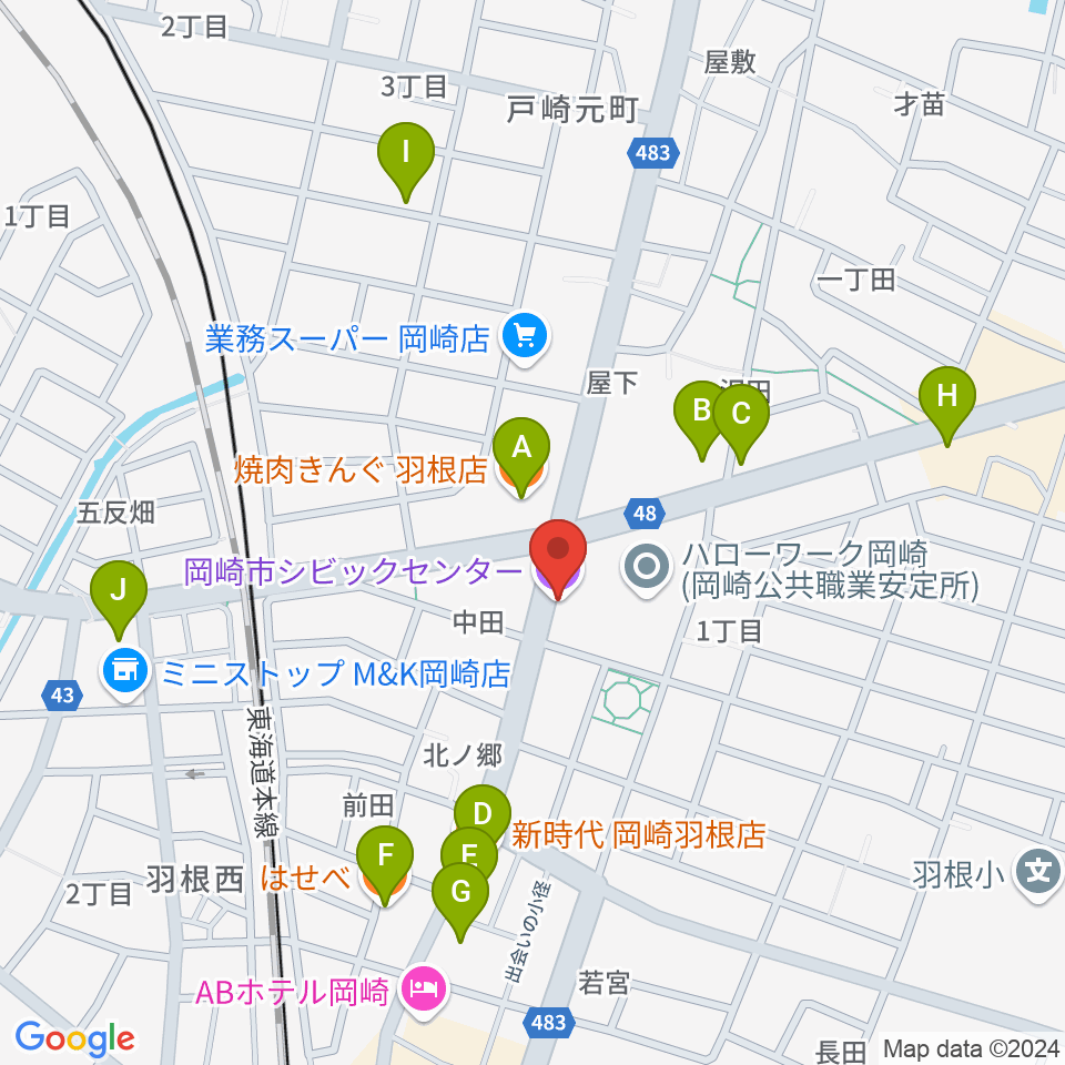 岡崎市シビックセンター周辺のファミレス・ファーストフード一覧地図