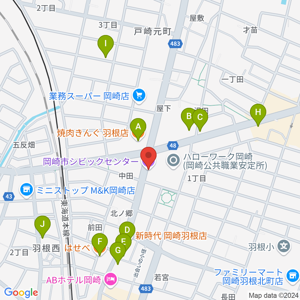 岡崎市シビックセンター周辺のファミレス・ファーストフード一覧地図