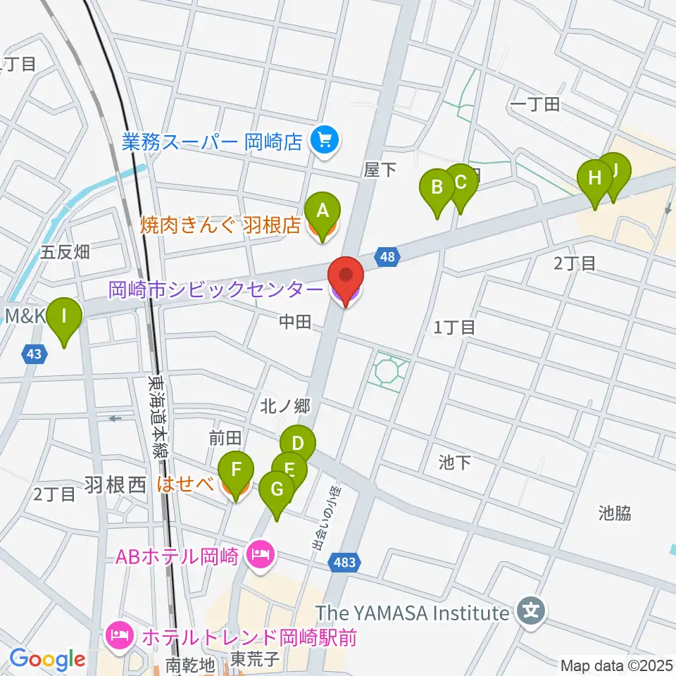 岡崎市シビックセンター周辺のファミレス・ファーストフード一覧地図
