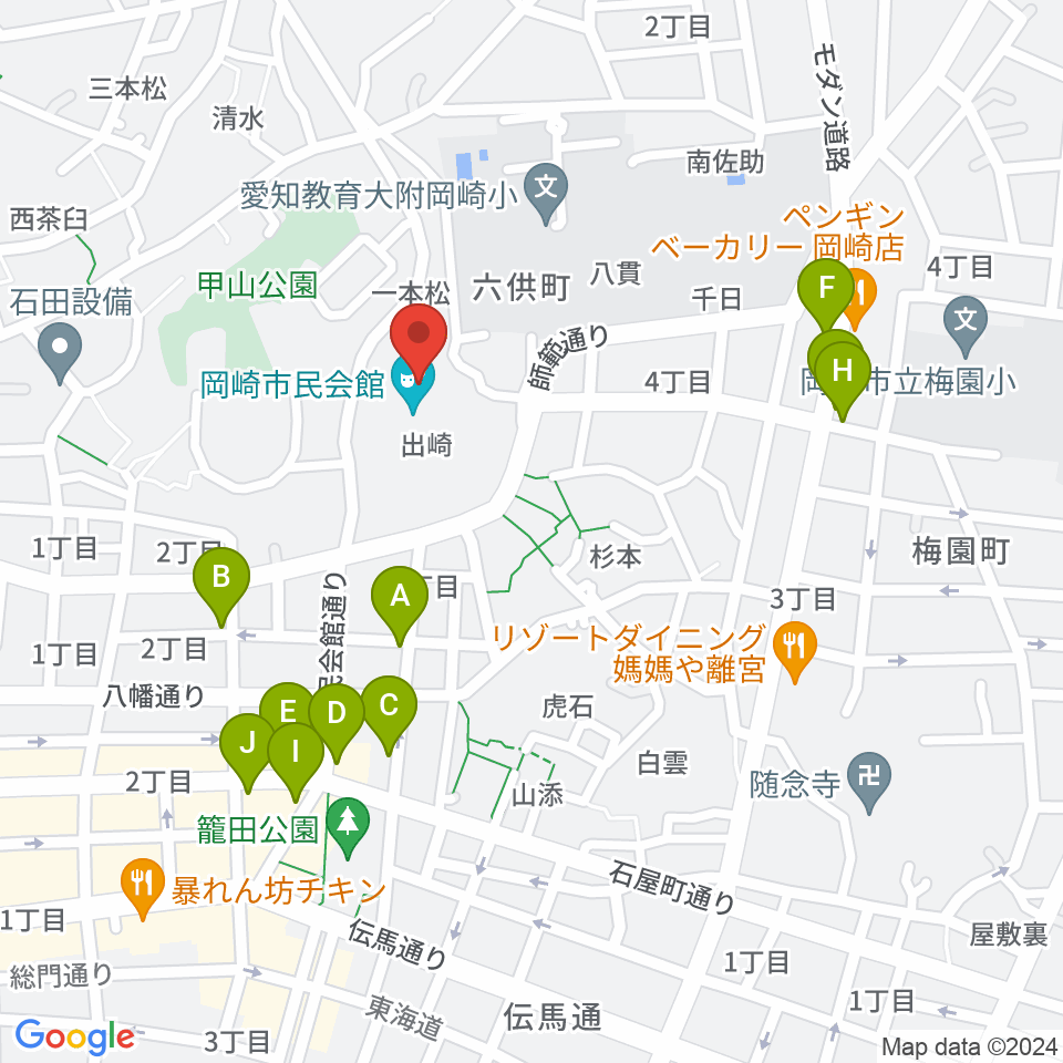 岡崎市民会館 あおいホール周辺のファミレス・ファーストフード一覧地図