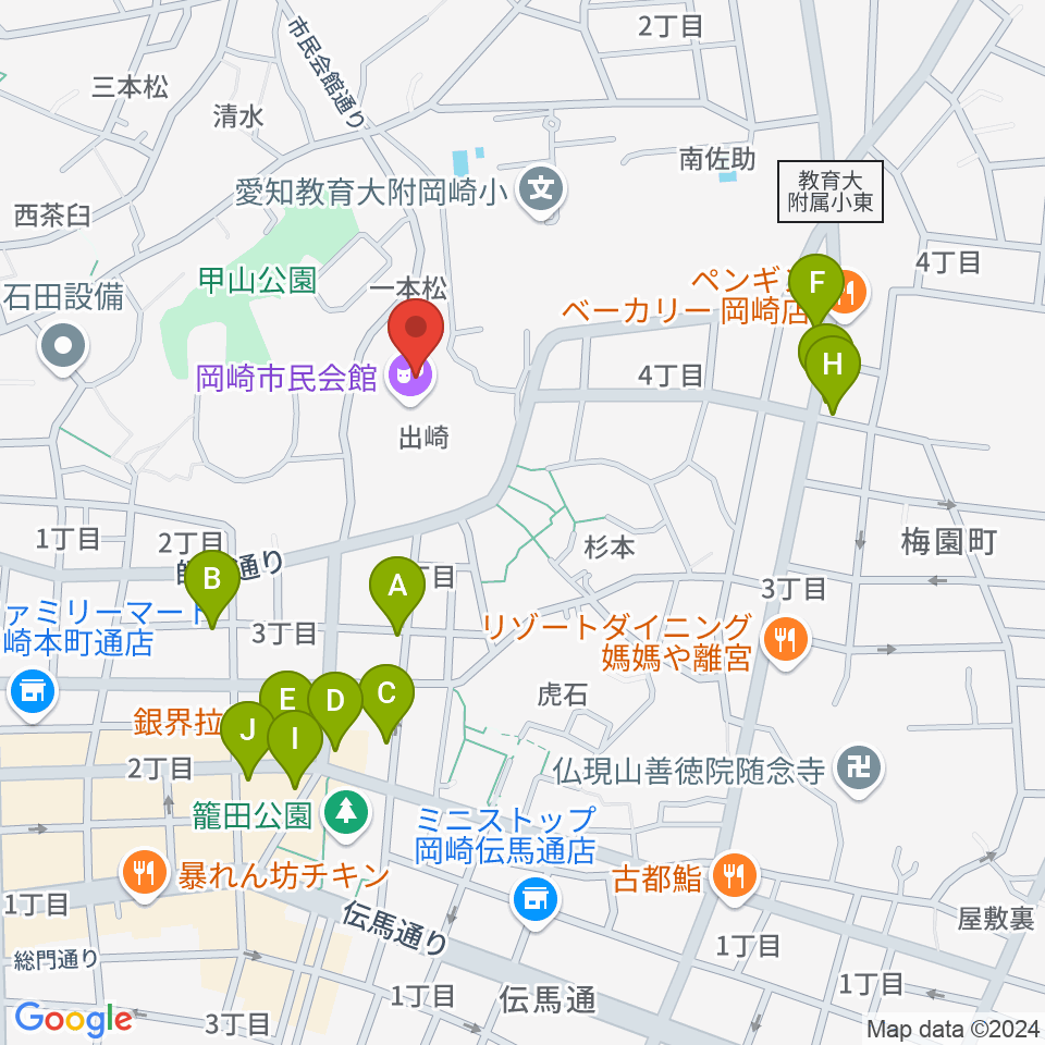 岡崎市民会館 あおいホール周辺のファミレス・ファーストフード一覧地図