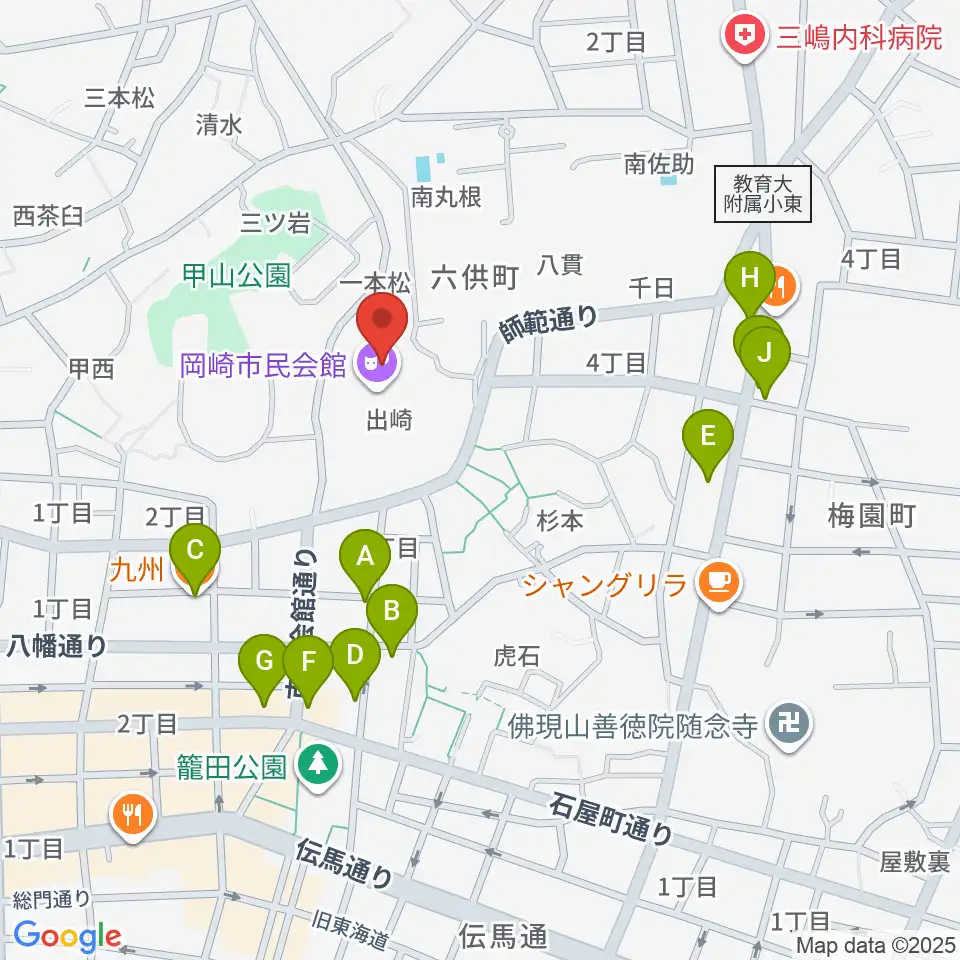 岡崎市民会館 あおいホール周辺のファミレス・ファーストフード一覧地図