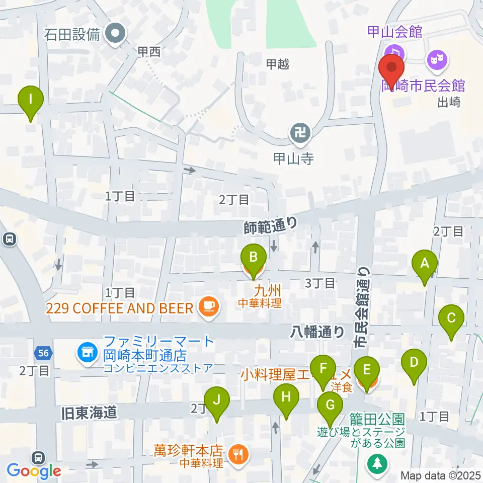 岡崎市甲山会館周辺のファミレス・ファーストフード一覧地図