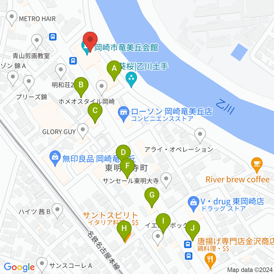 岡崎市竜美丘会館周辺のファミレス・ファーストフード一覧地図