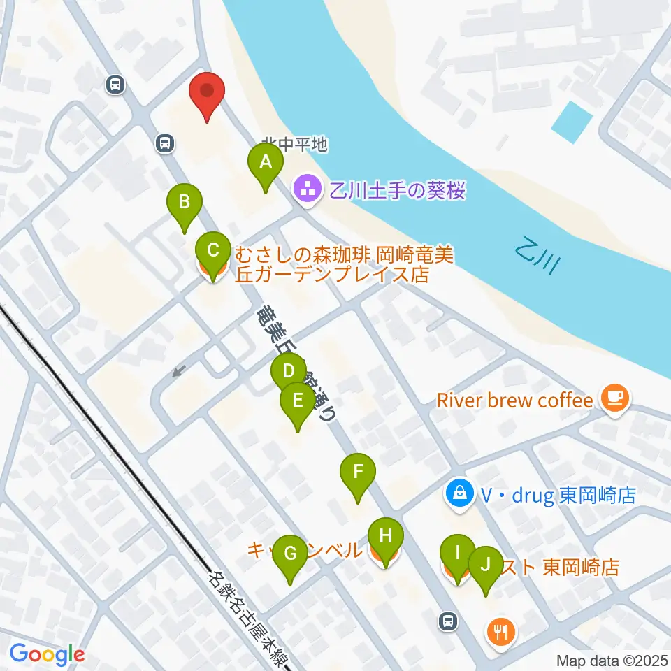 岡崎市竜美丘会館周辺のファミレス・ファーストフード一覧地図