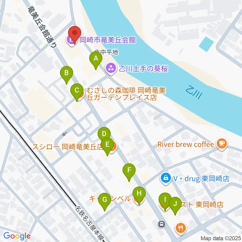 岡崎市竜美丘会館周辺のファミレス・ファーストフード一覧地図