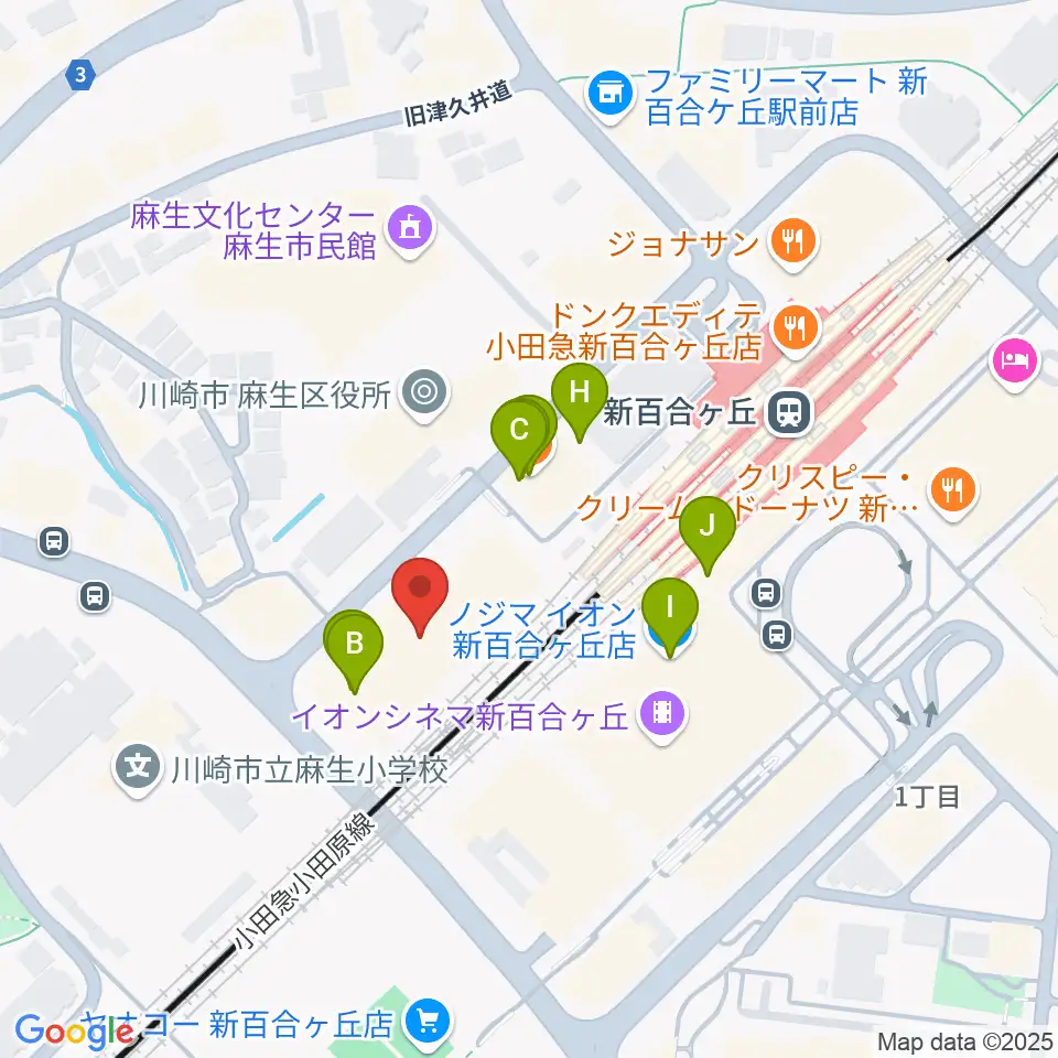 新百合トウェンティワンホール周辺のファミレス・ファーストフード一覧地図