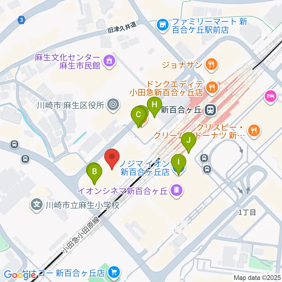 新百合トウェンティワンホール周辺のファミレス・ファーストフード一覧地図