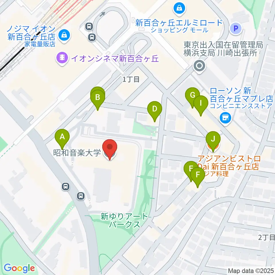昭和音楽大学 ユリホール周辺のファミレス・ファーストフード一覧地図
