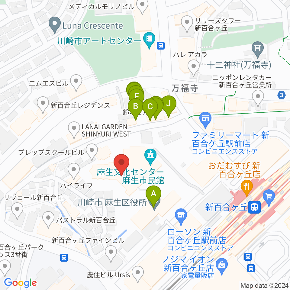 麻生市民館周辺のファミレス・ファーストフード一覧地図