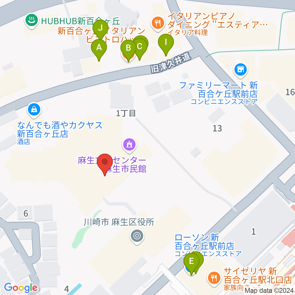 麻生市民館周辺のファミレス・ファーストフード一覧地図