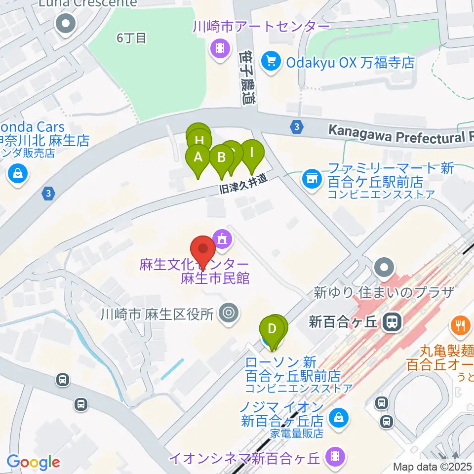 麻生市民館周辺のファミレス・ファーストフード一覧地図