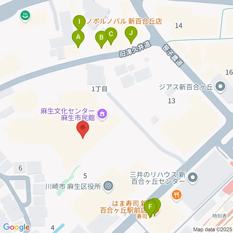 麻生市民館周辺のファミレス・ファーストフード一覧地図