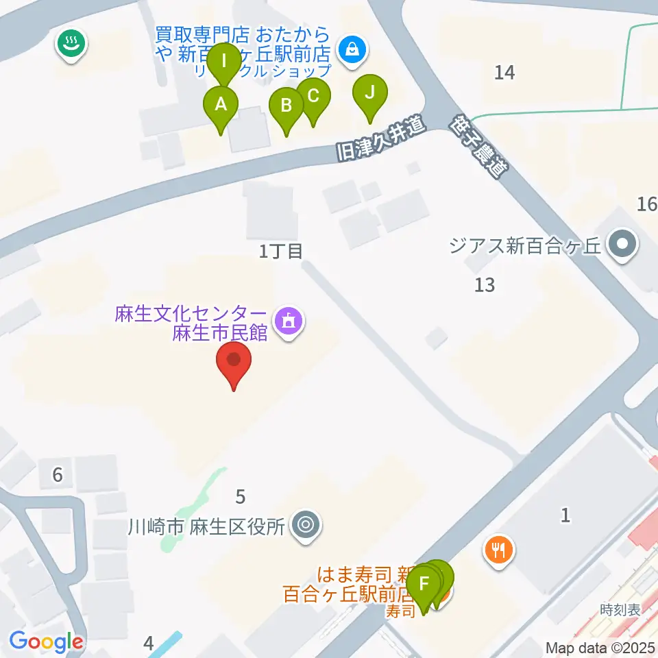麻生市民館周辺のファミレス・ファーストフード一覧地図