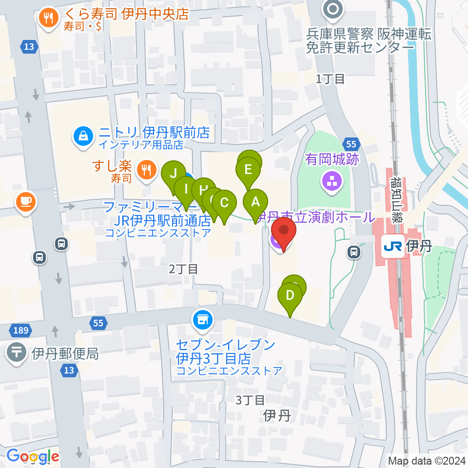 アイホール（伊丹市立演劇ホール）周辺のファミレス・ファーストフード一覧地図