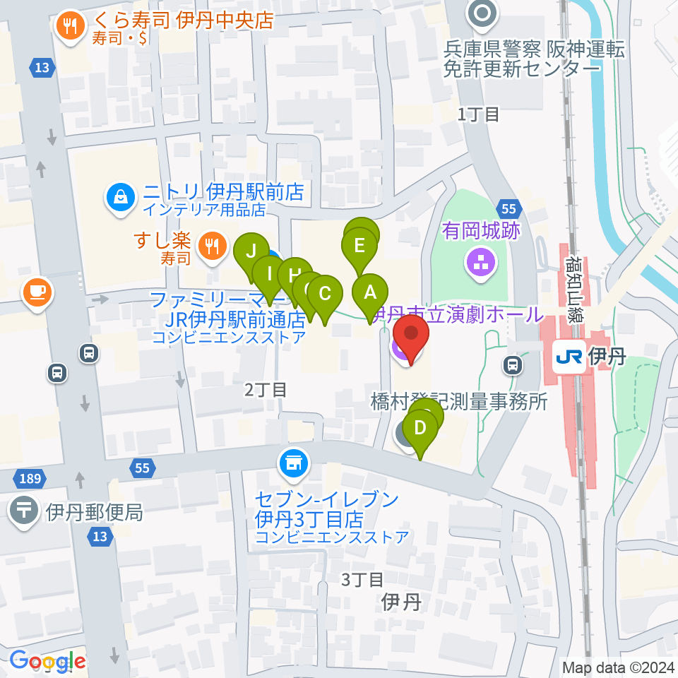 アイホール（伊丹市立演劇ホール）周辺のファミレス・ファーストフード一覧地図