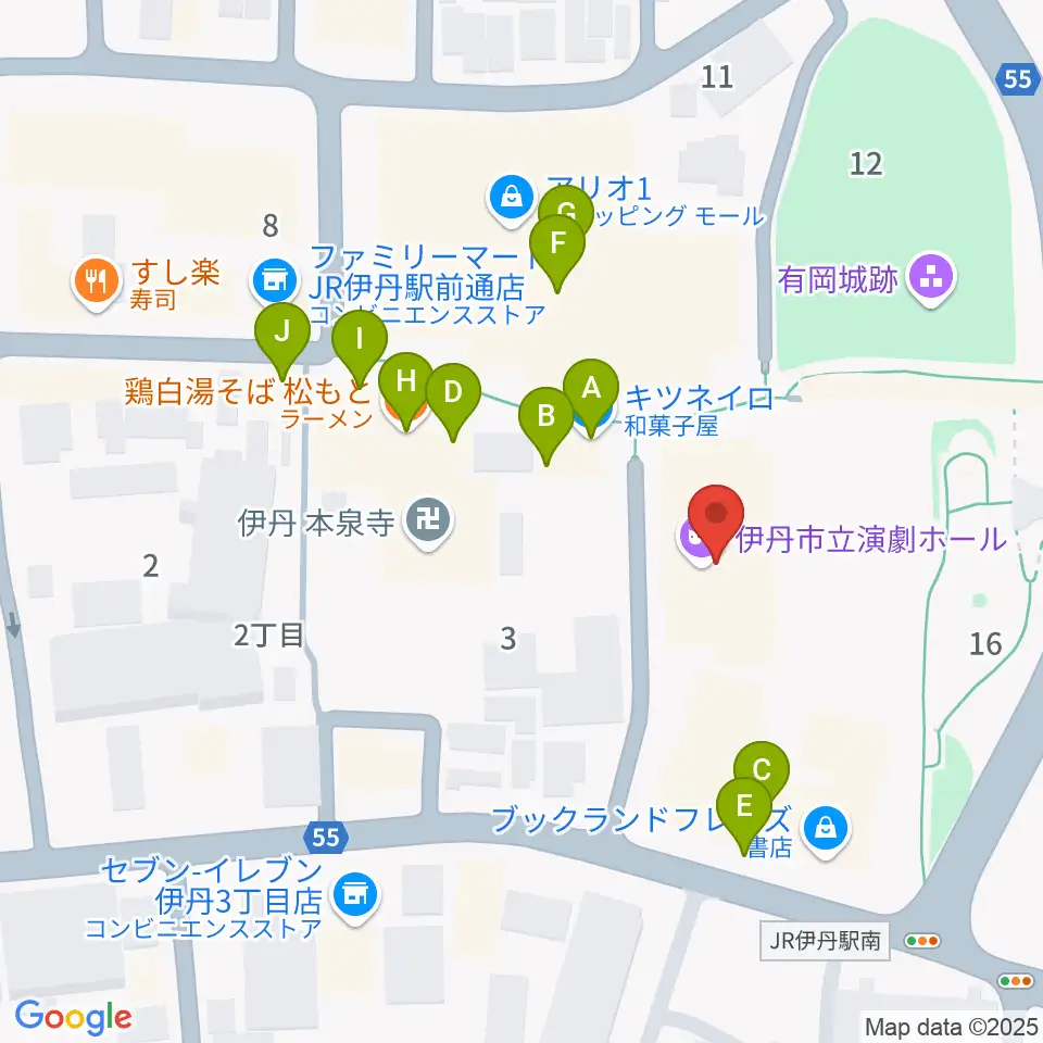 アイホール（伊丹市立演劇ホール）周辺のファミレス・ファーストフード一覧地図