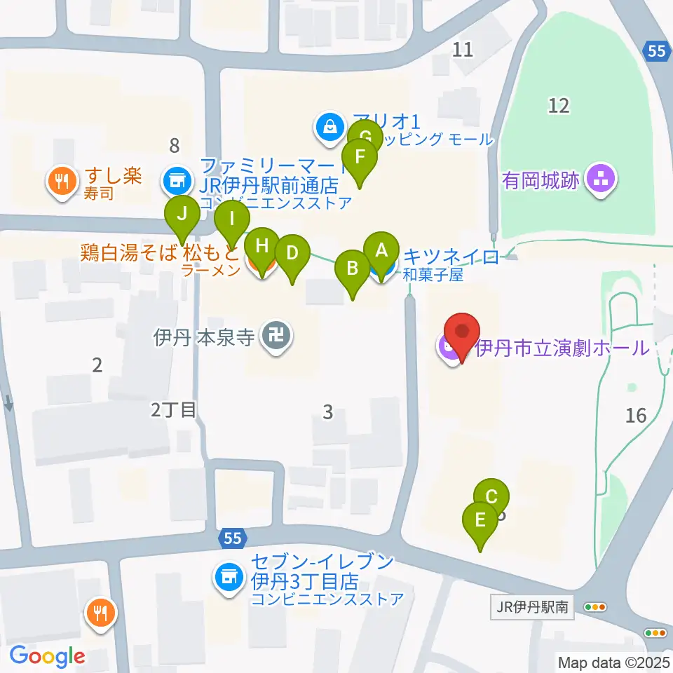 アイホール（伊丹市立演劇ホール）周辺のファミレス・ファーストフード一覧地図