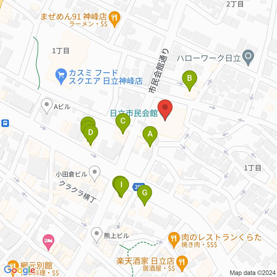 日立市民会館周辺のファミレス・ファーストフード一覧地図