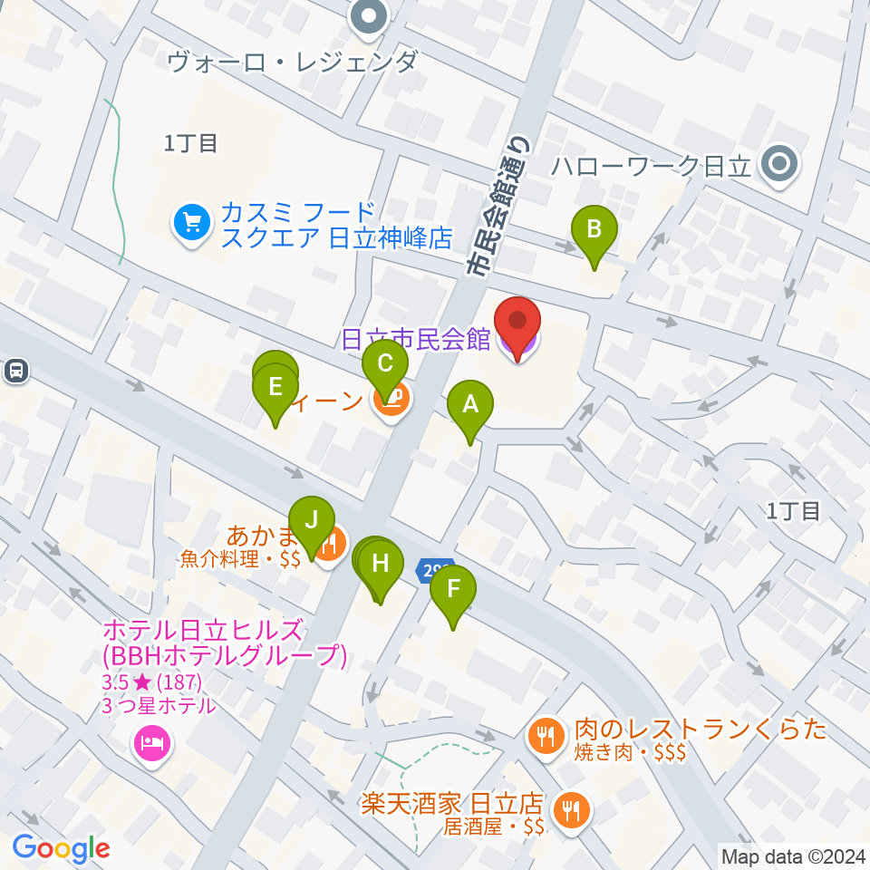 日立市民会館周辺のファミレス・ファーストフード一覧地図