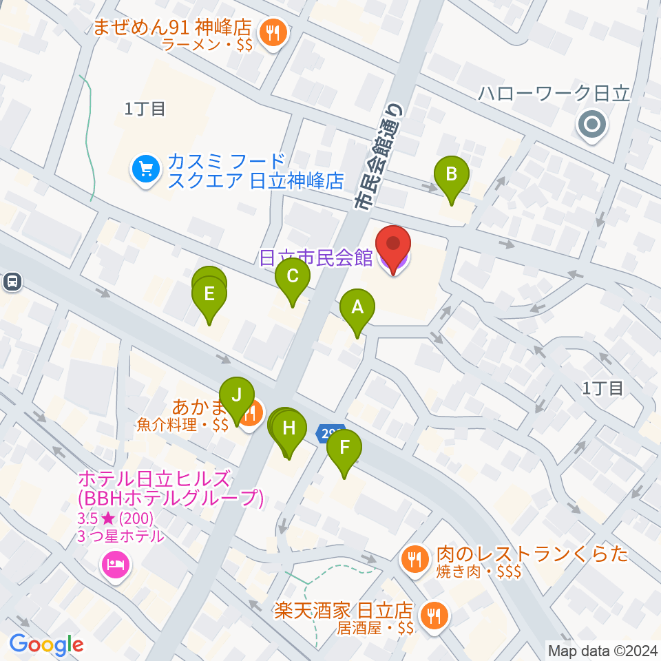 日立市民会館周辺のファミレス・ファーストフード一覧地図