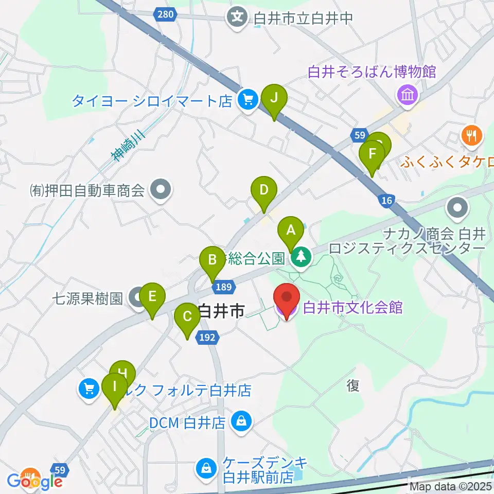 白井市文化会館周辺のファミレス・ファーストフード一覧地図