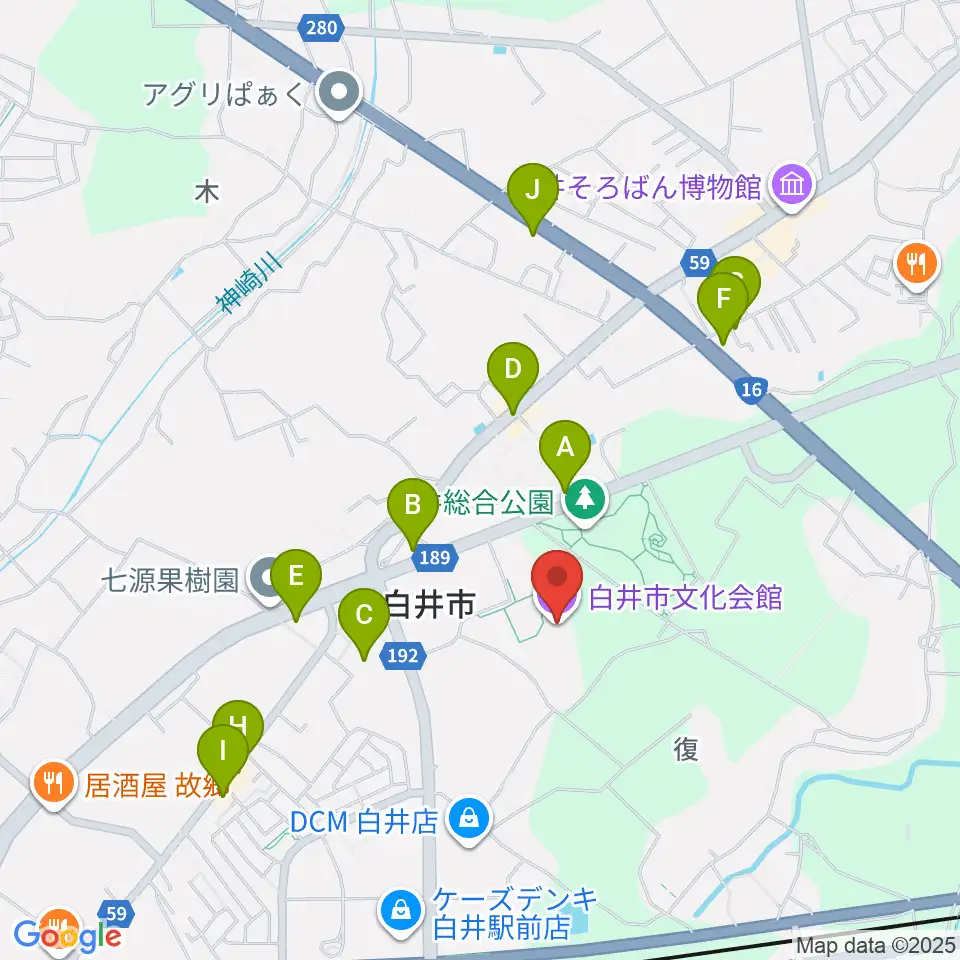 白井市文化会館周辺のファミレス・ファーストフード一覧地図