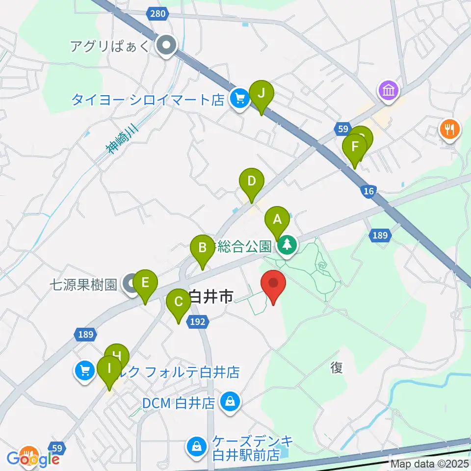 白井市文化会館周辺のファミレス・ファーストフード一覧地図