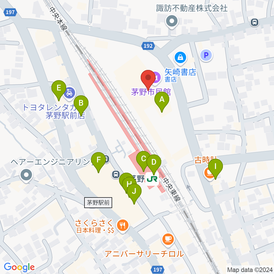 茅野市民館周辺のファミレス・ファーストフード一覧地図