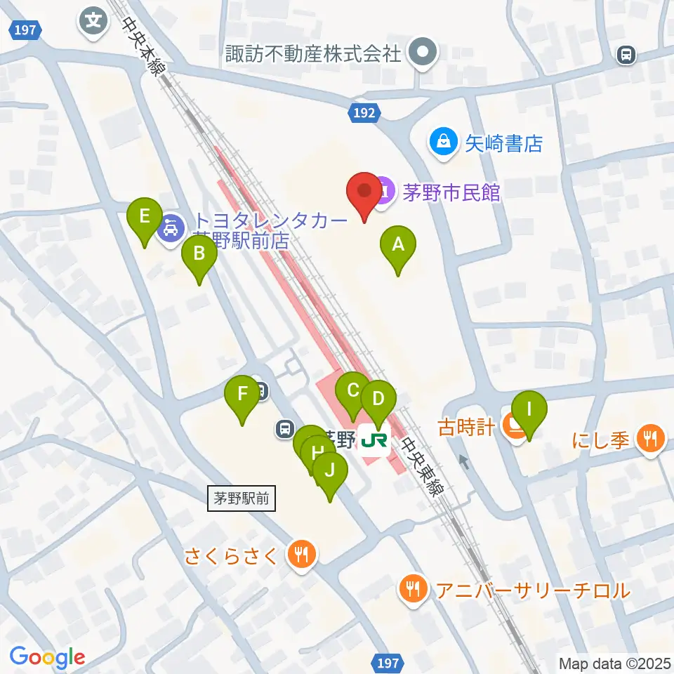 茅野市民館周辺のファミレス・ファーストフード一覧地図