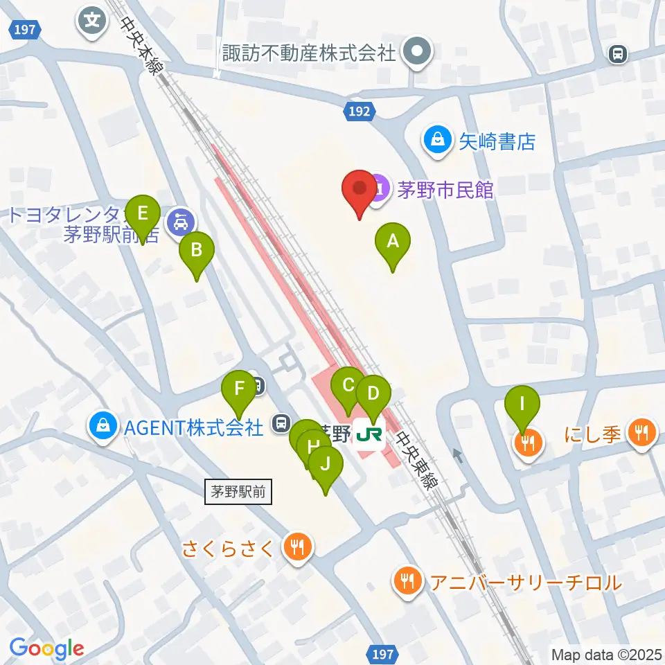 茅野市民館周辺のファミレス・ファーストフード一覧地図