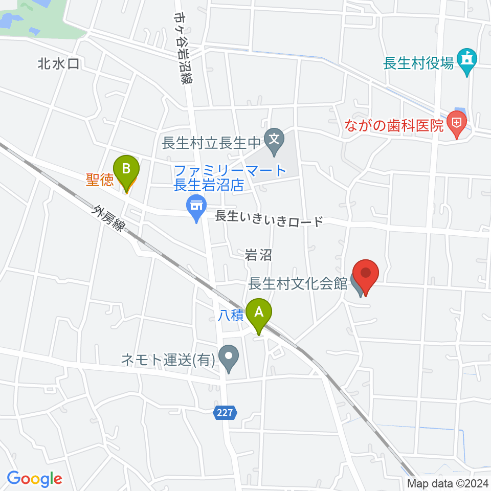 長生村文化会館周辺のファミレス・ファーストフード一覧地図