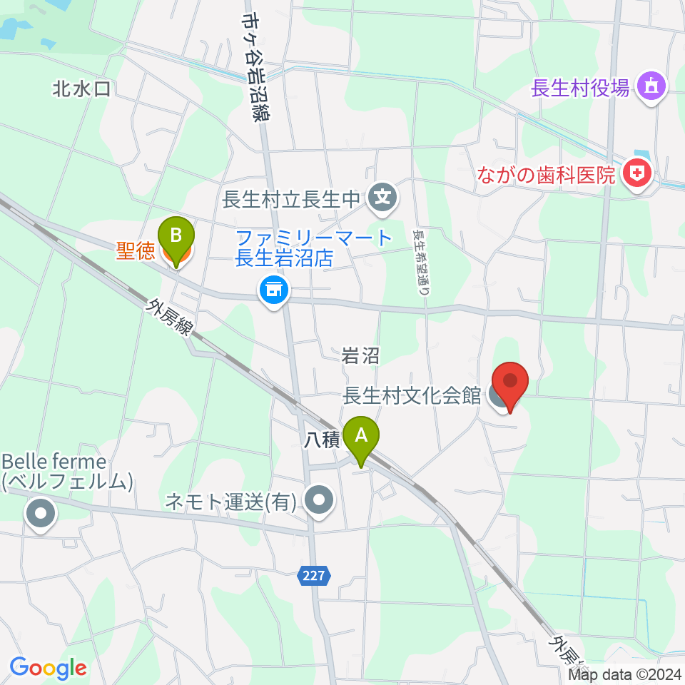 長生村文化会館周辺のファミレス・ファーストフード一覧地図