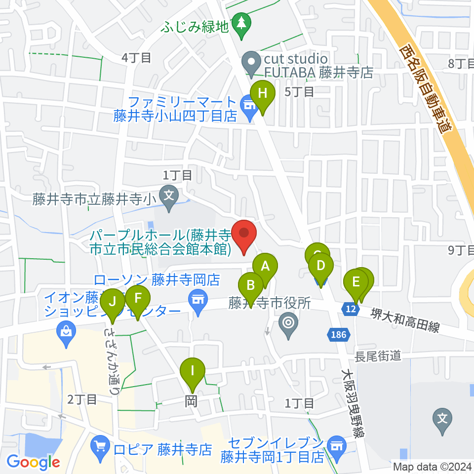 藤井寺市立市民総合会館パープルホール周辺のファミレス・ファーストフード一覧地図