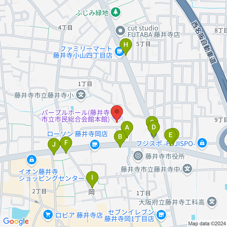 藤井寺市立市民総合会館パープルホール周辺のファミレス・ファーストフード一覧地図