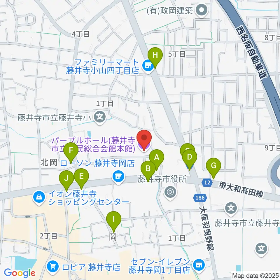 藤井寺市立市民総合会館パープルホール周辺のファミレス・ファーストフード一覧地図