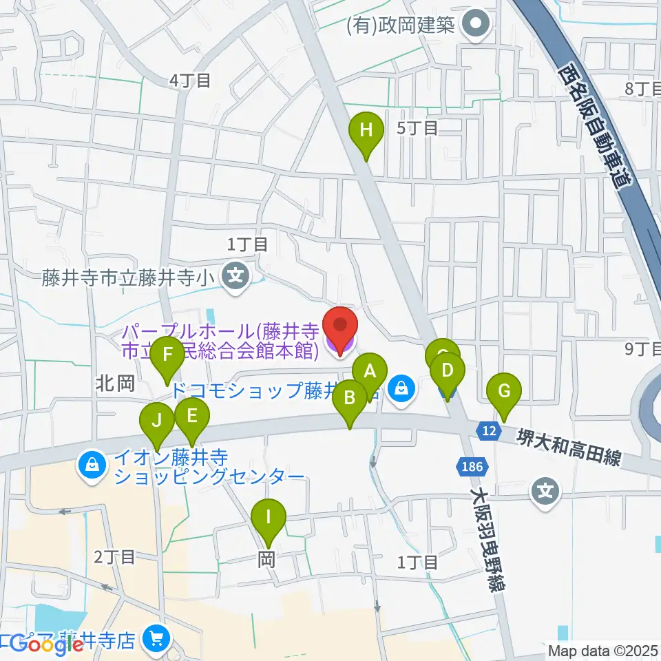 藤井寺市立市民総合会館パープルホール周辺のファミレス・ファーストフード一覧地図