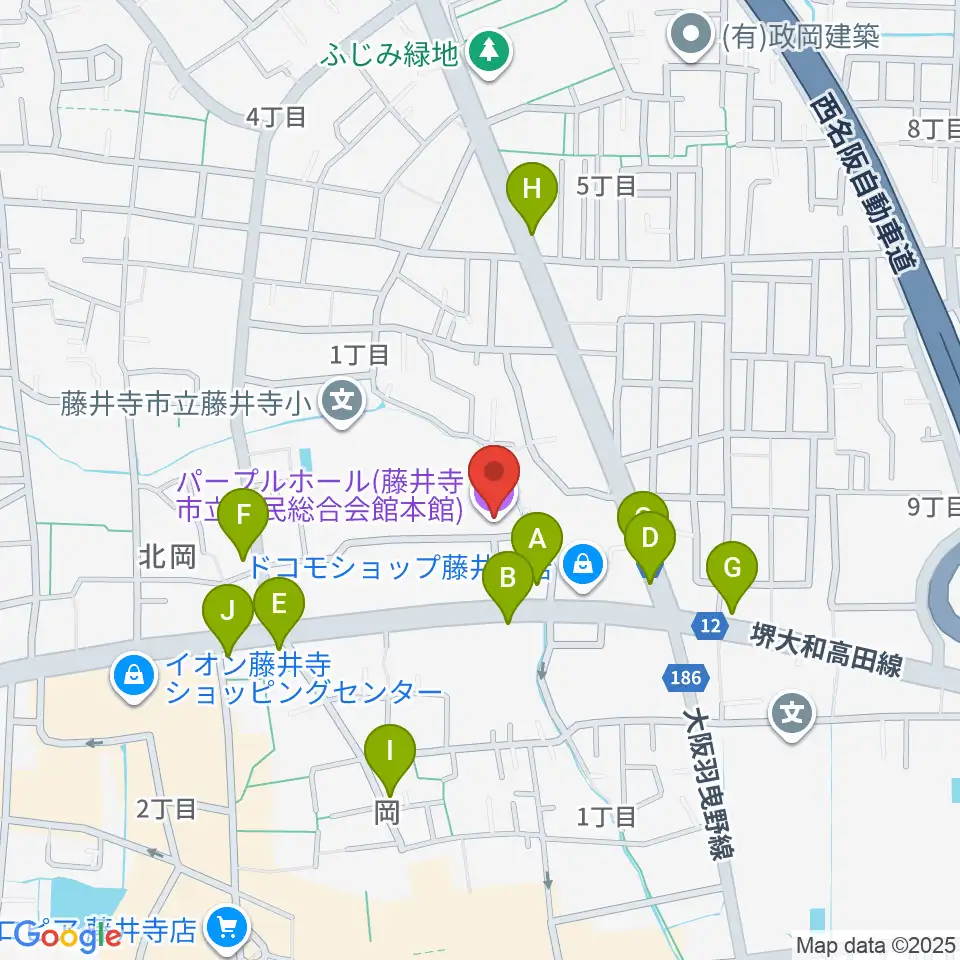 藤井寺市立市民総合会館パープルホール周辺のファミレス・ファーストフード一覧地図