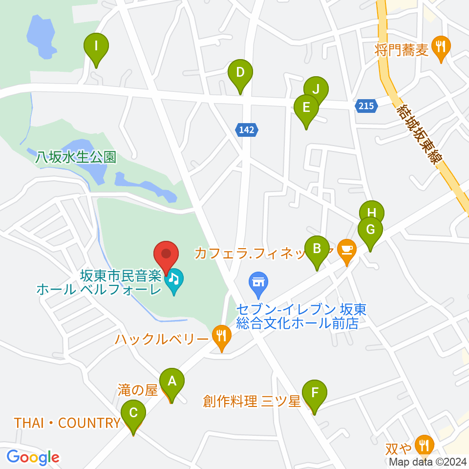 坂東市民音楽ホール ベルフォーレ周辺のファミレス・ファーストフード一覧地図