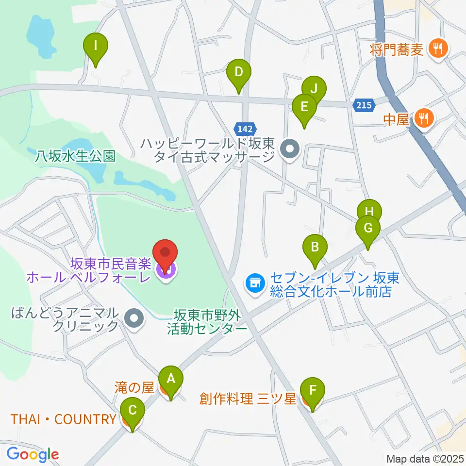坂東市民音楽ホール ベルフォーレ周辺のファミレス・ファーストフード一覧地図