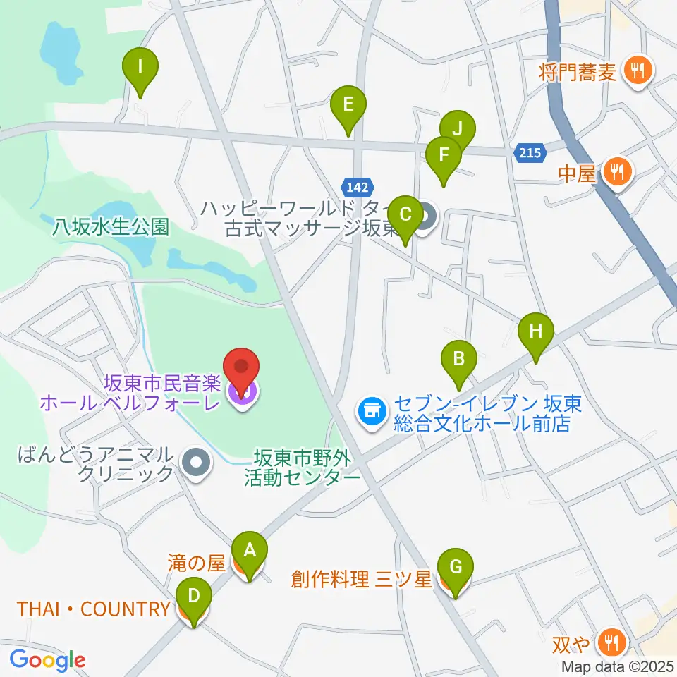 坂東市民音楽ホール ベルフォーレ周辺のファミレス・ファーストフード一覧地図