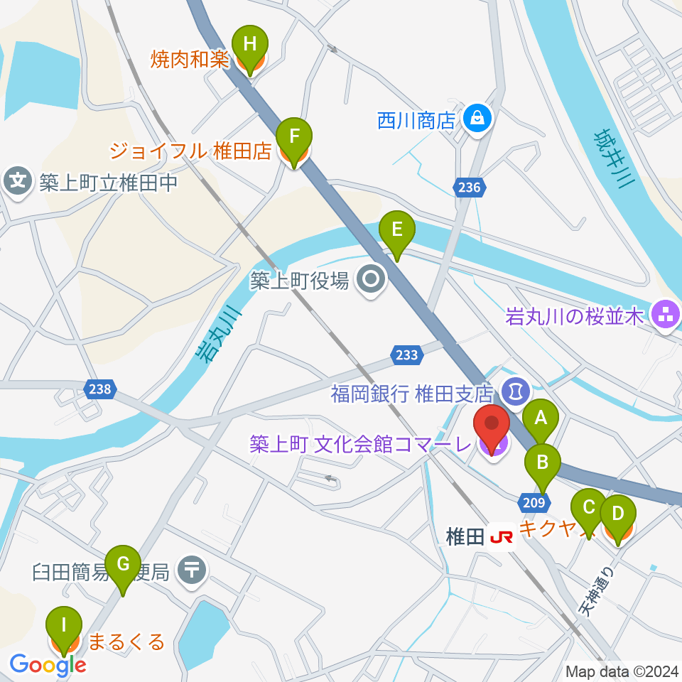 築上町文化会館コマーレ周辺のファミレス・ファーストフード一覧地図