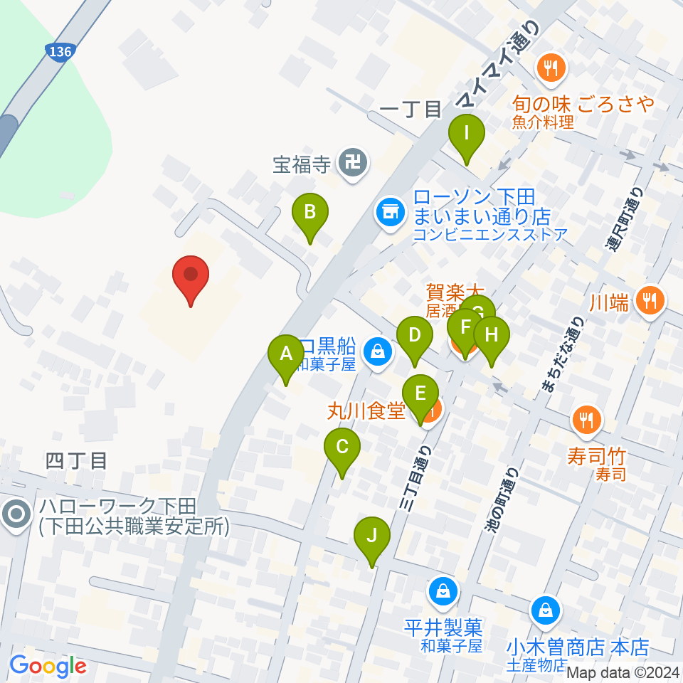 下田市民文化会館周辺のファミレス・ファーストフード一覧地図