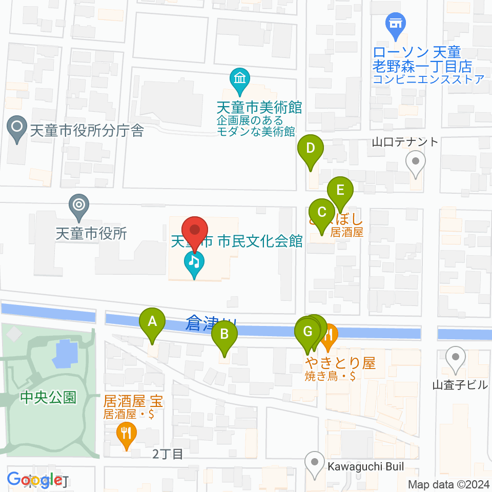 天童市市民文化会館周辺のファミレス・ファーストフード一覧地図
