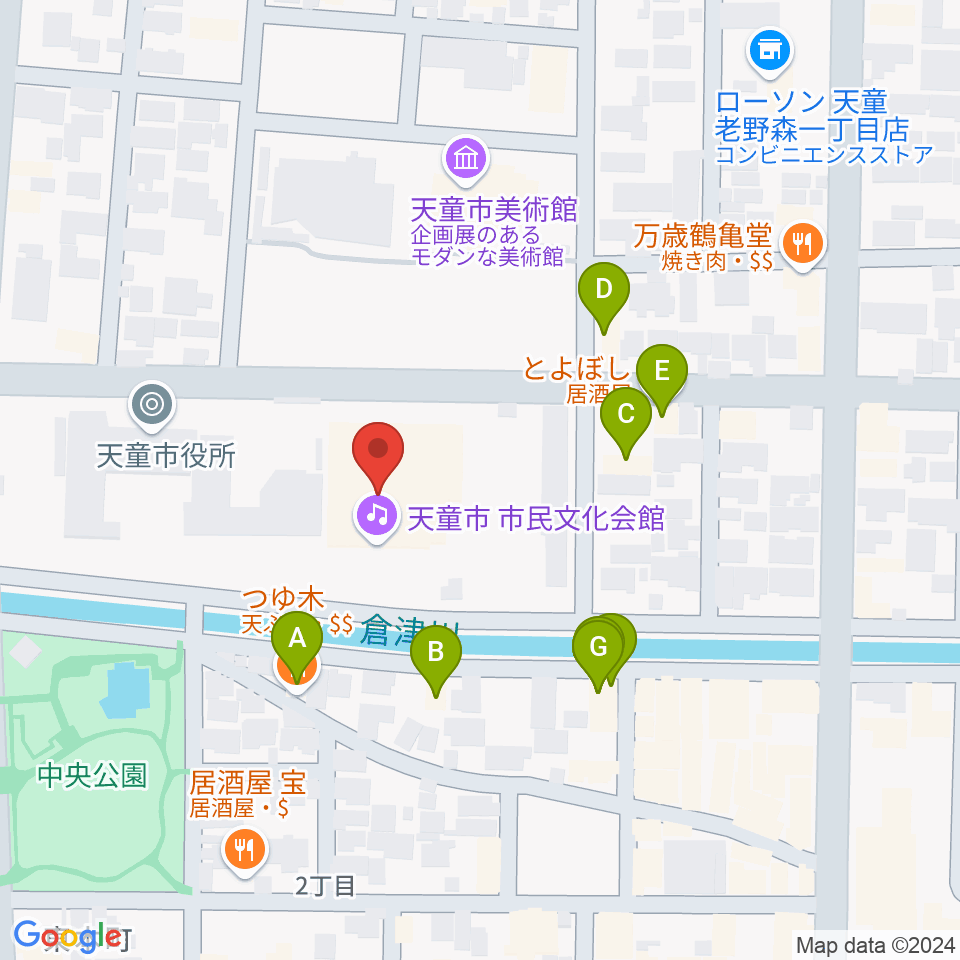 天童市市民文化会館周辺のファミレス・ファーストフード一覧地図