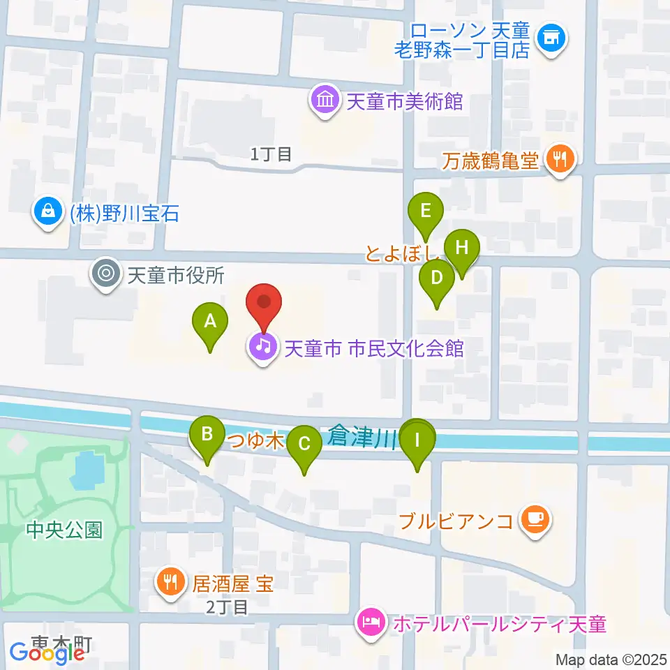 天童市市民文化会館周辺のファミレス・ファーストフード一覧地図