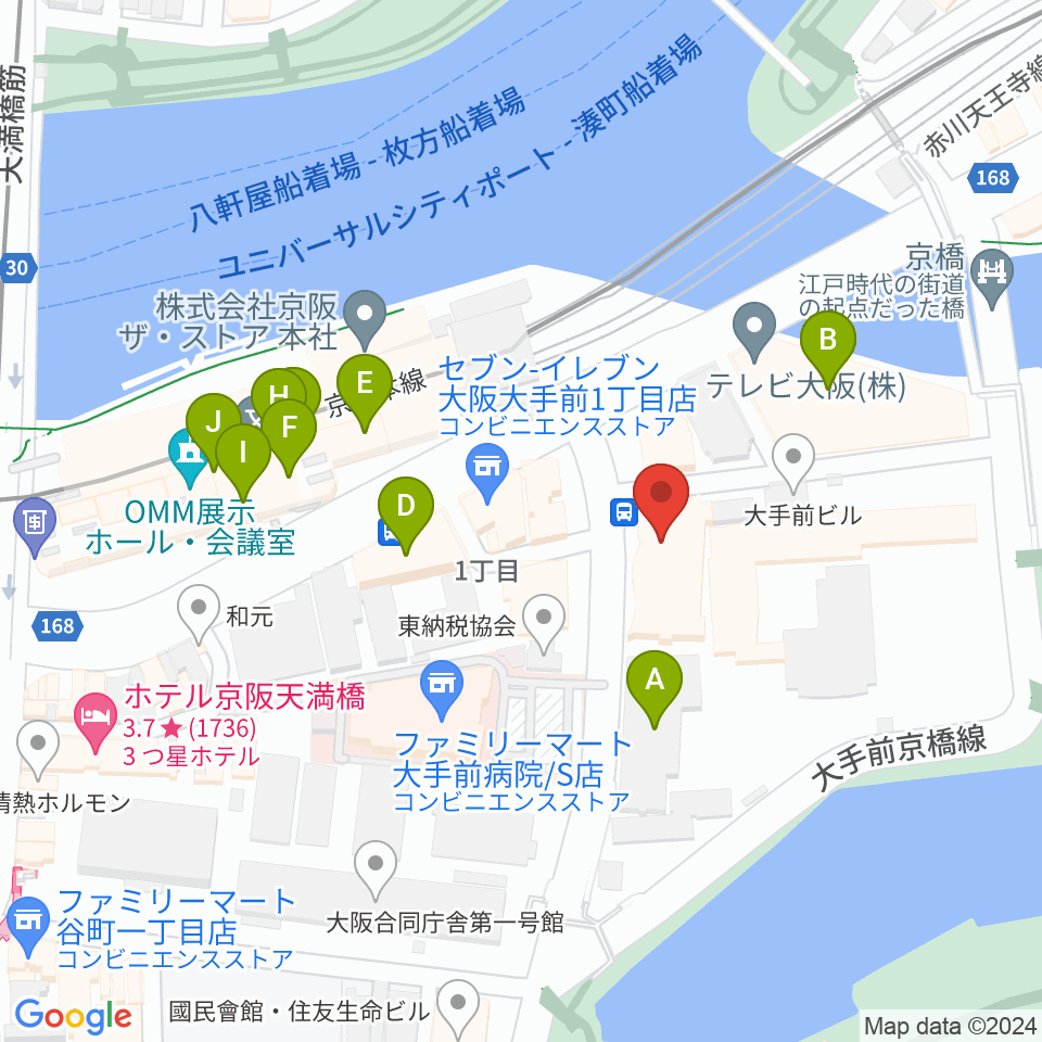 大阪ドーンセンター周辺のファミレス・ファーストフード一覧地図