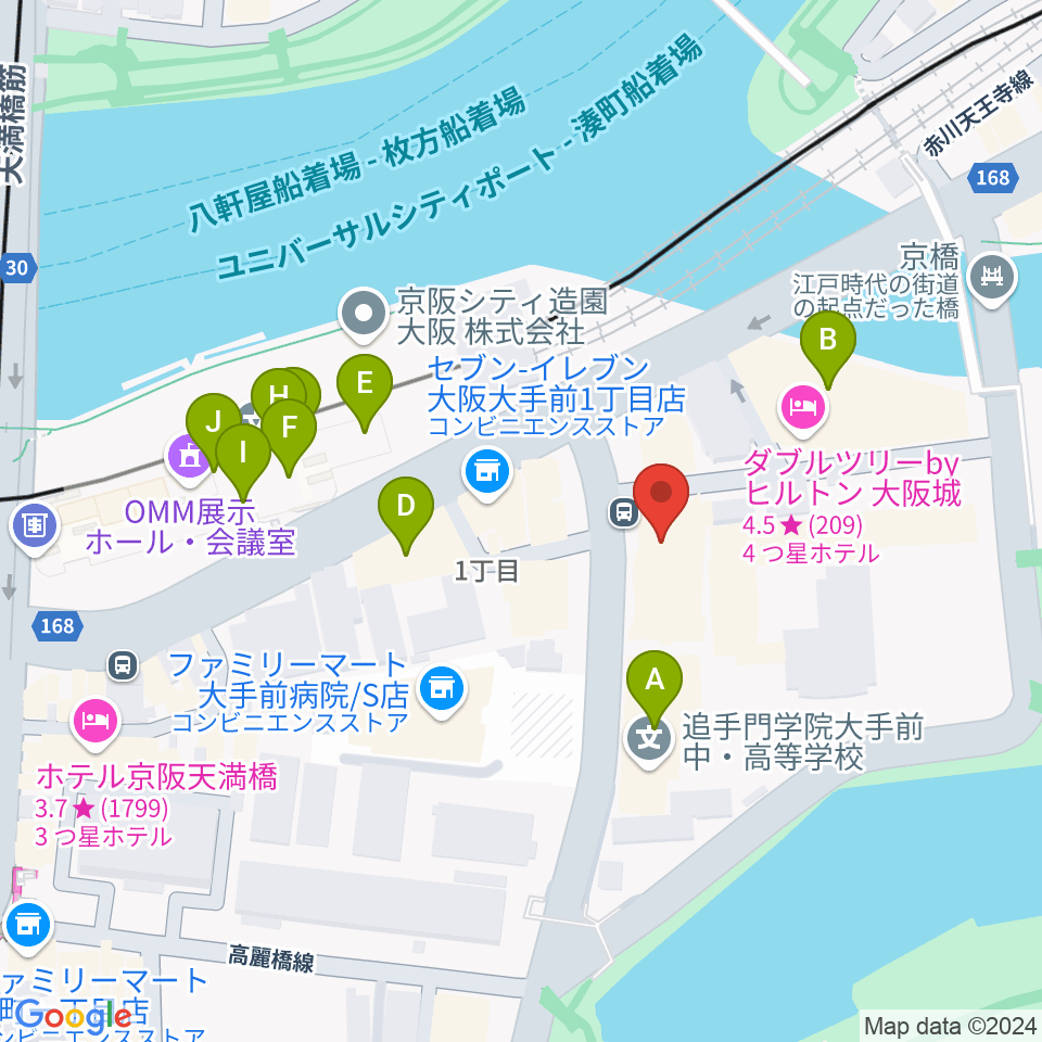 大阪ドーンセンター周辺のファミレス・ファーストフード一覧地図