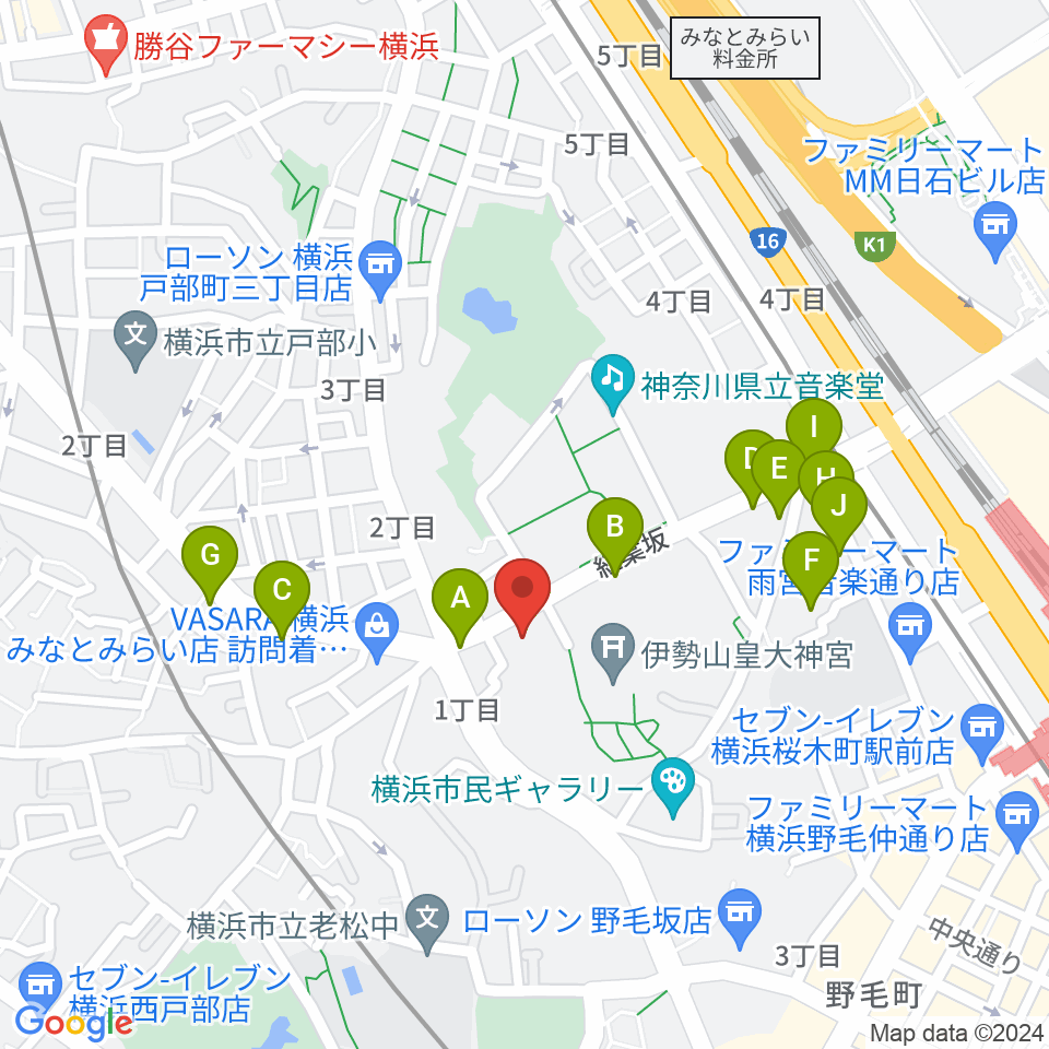 横浜市教育会館周辺のファミレス・ファーストフード一覧地図