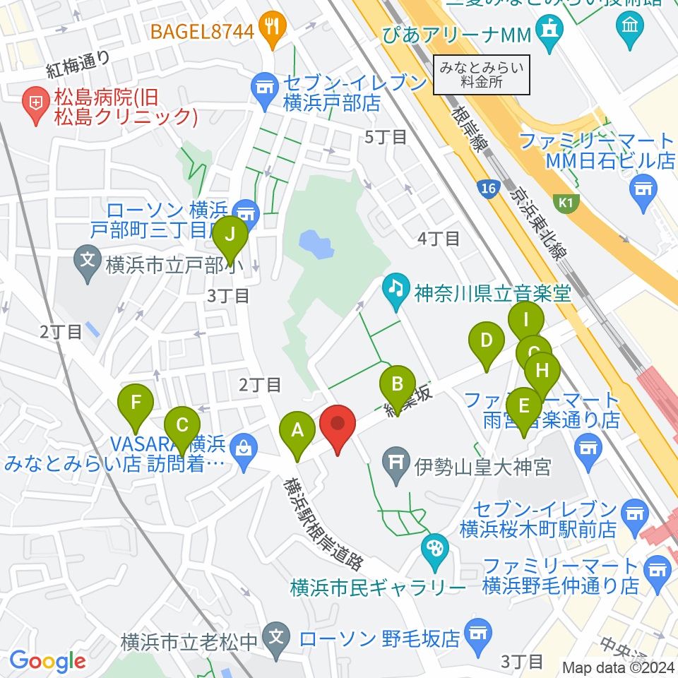 横浜市教育会館周辺のファミレス・ファーストフード一覧地図